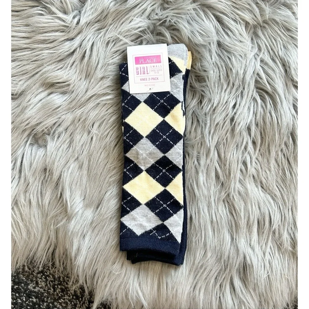 The‎ Children's Place Girls Shoe Size 11-13 Navy Argyle Knee Socks 2-Pack NWT